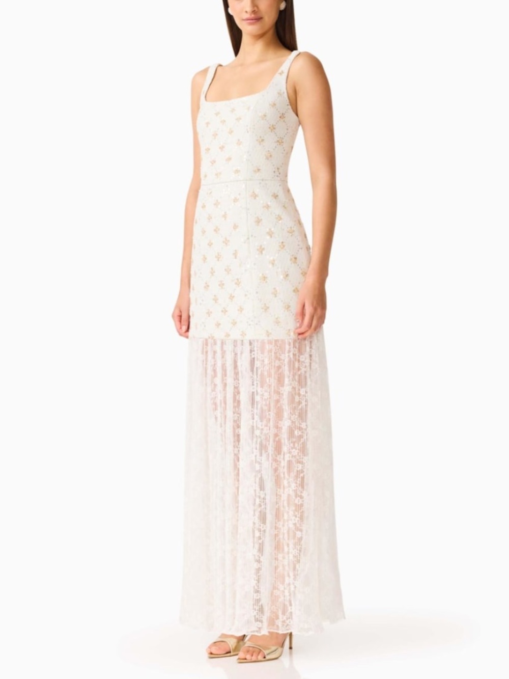 ELLIATT Liore Cream Ivory Maxi Dress Lace Gold Tweed - SMALL